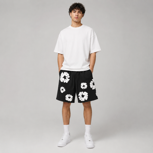 Black White Puff Floral mesh shorts - front view