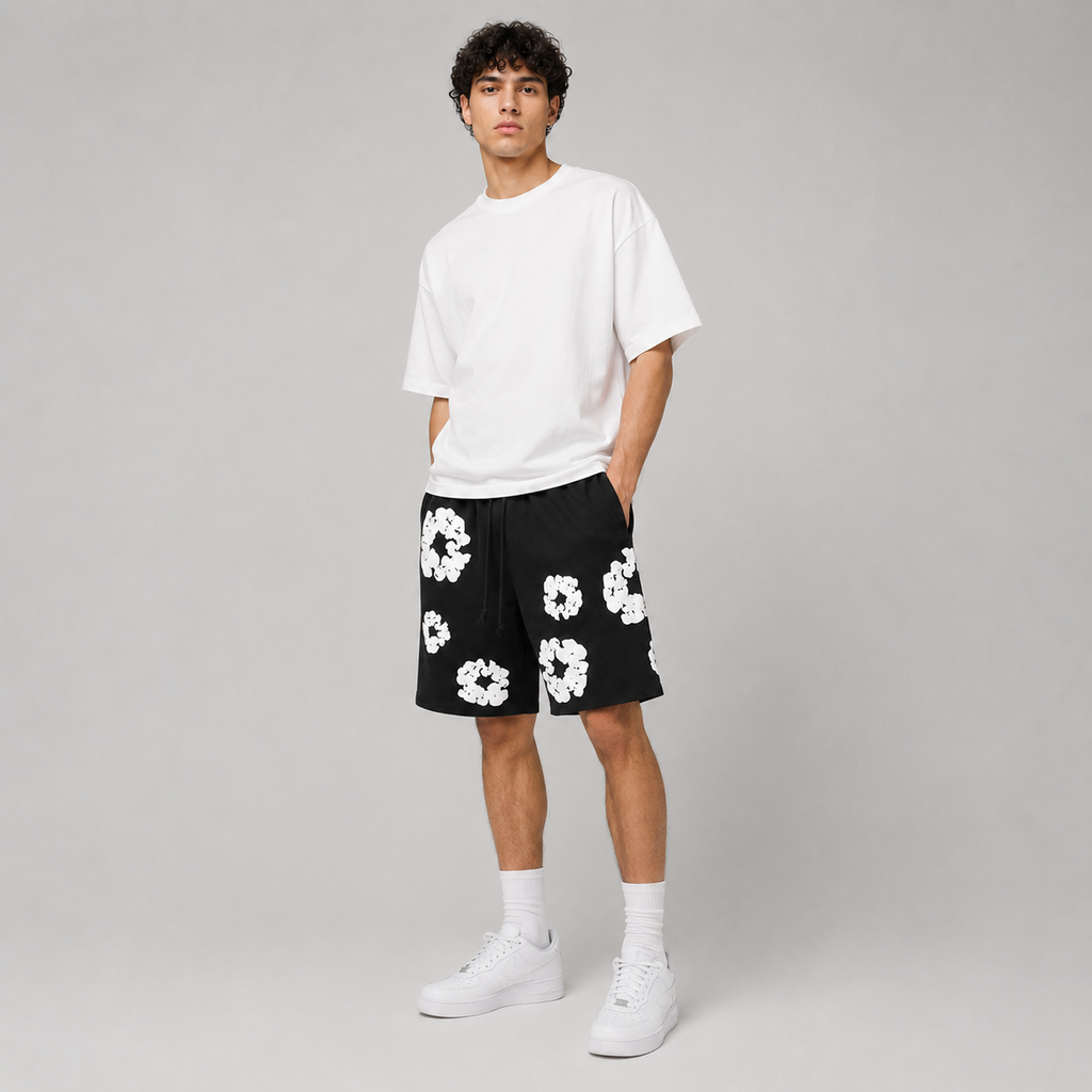 Black White Puff Floral mesh shorts - close-up view
